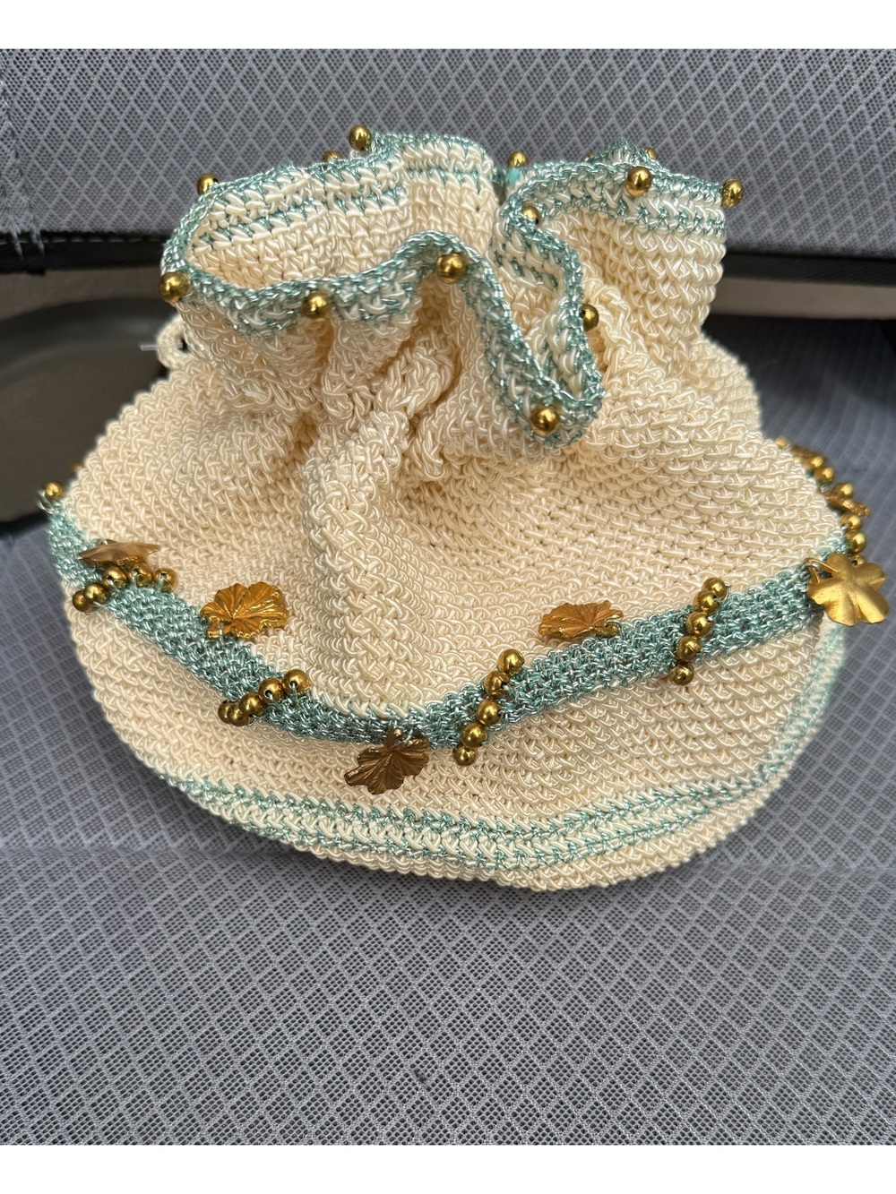 Vintage Beaded Crochet Drawstring Bag Gold Charms Cream &mPowder Blue Metallic